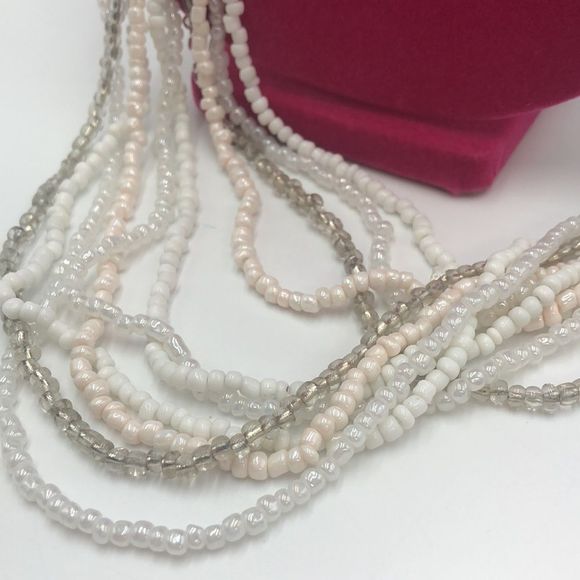 White/Blush/Silver 10-stranded glass beaded necklace and earring set. 21” long - Picture 3 of 6